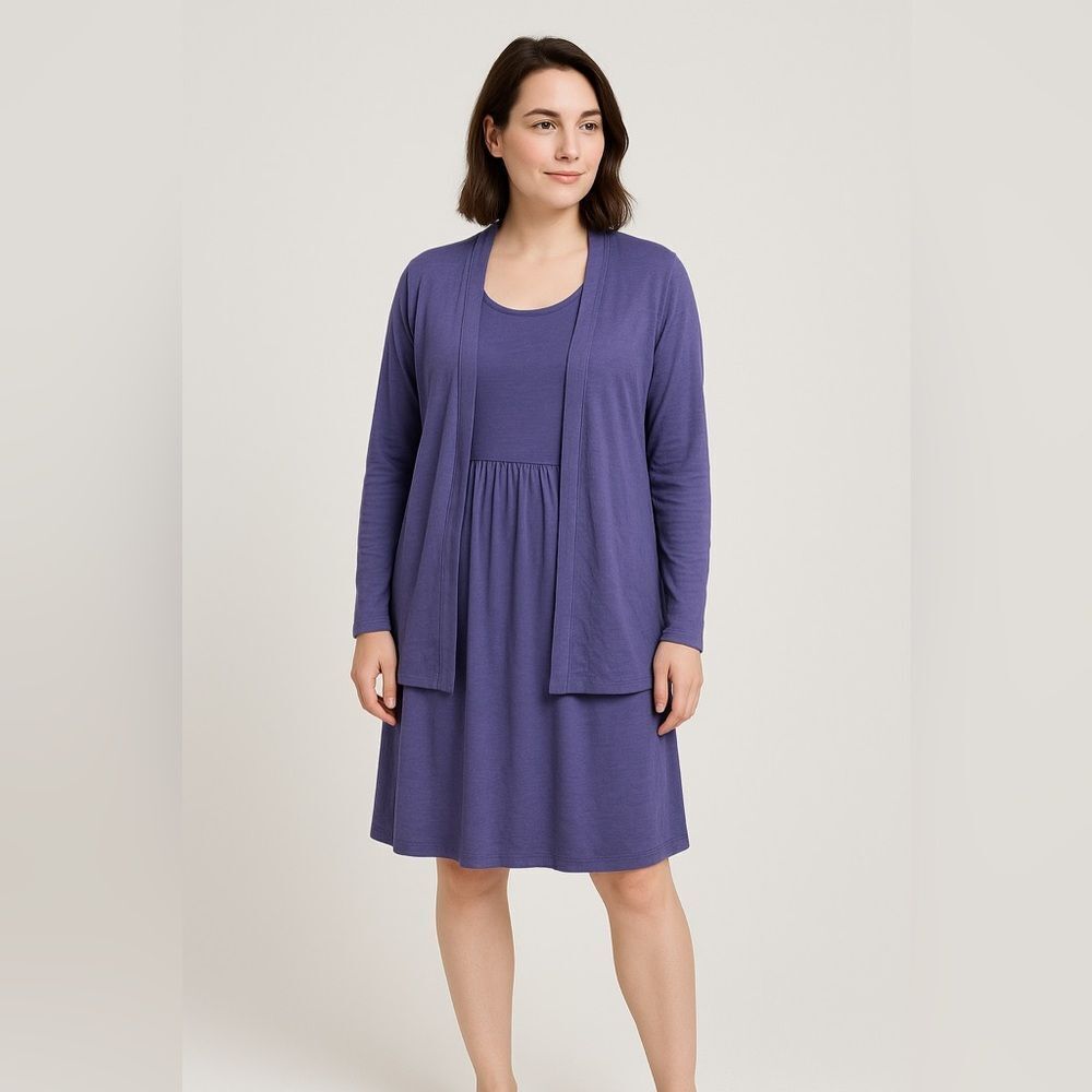 J Jill purple, short sleeve, midi dress, and cardigan set‎ with pockets